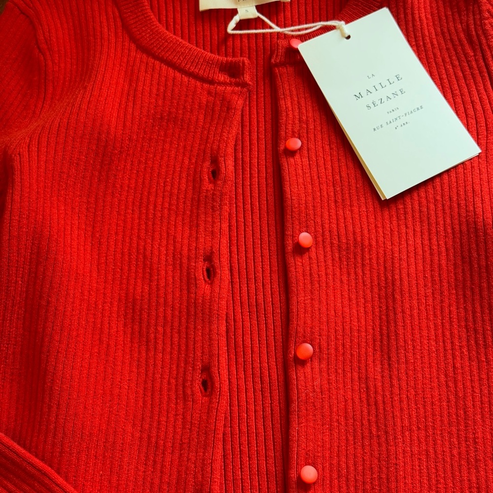 Sezane Kylie Red Ribbed Cardigan - Size Small - Picture 3 of 6
